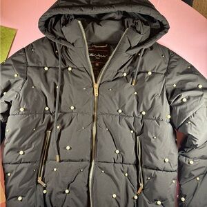 Karl Lagerfeld Black Jacket with Gold Zipper and pearl and gold stud accents NWT